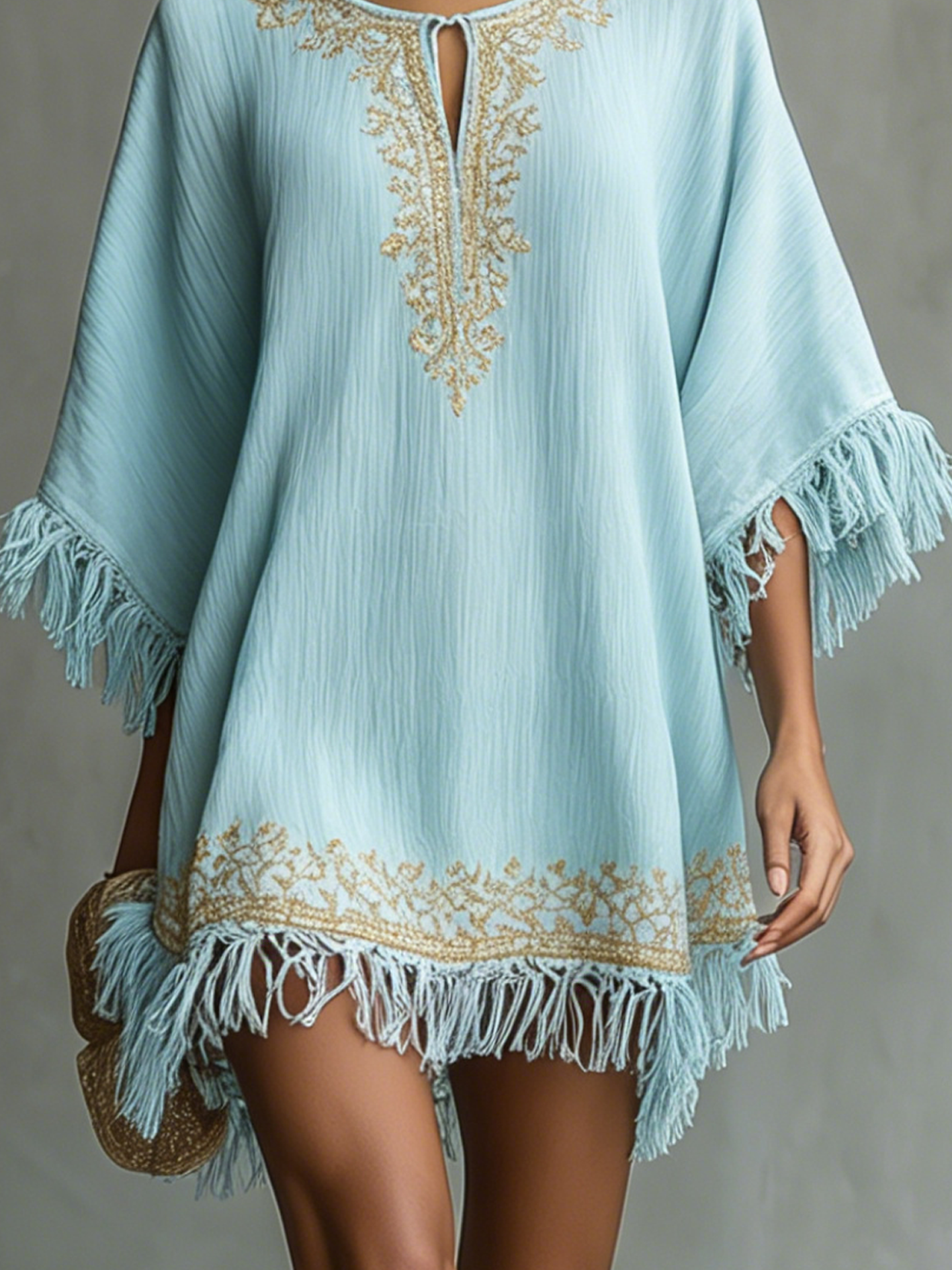 Vintage Embroidered Sky Blue Textured Fringe Mini Dress