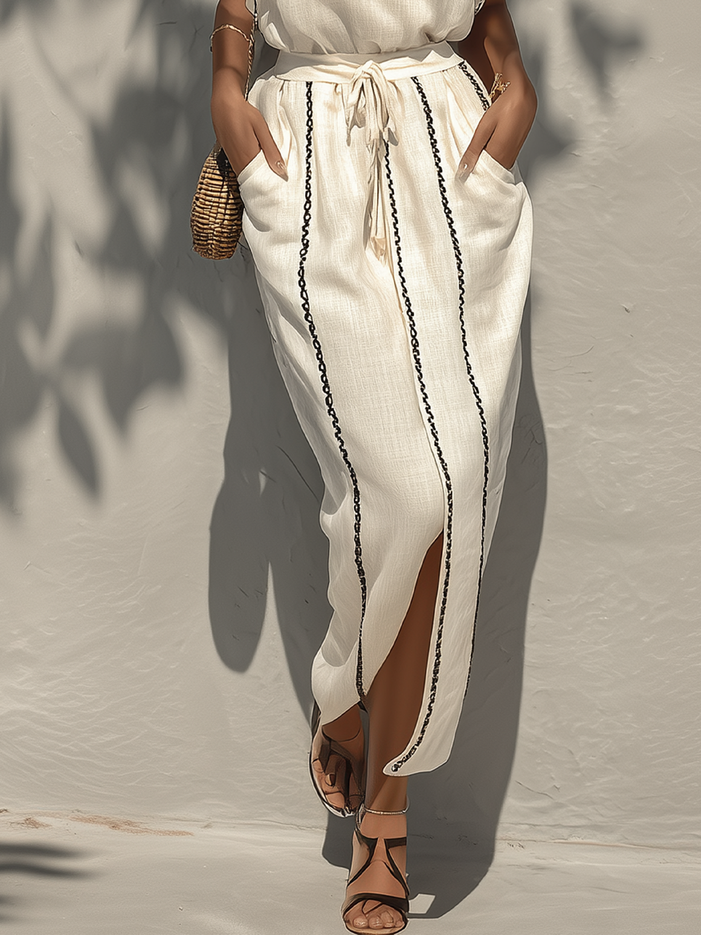 White Cotton Linen Two-Piece Set With Black Trim