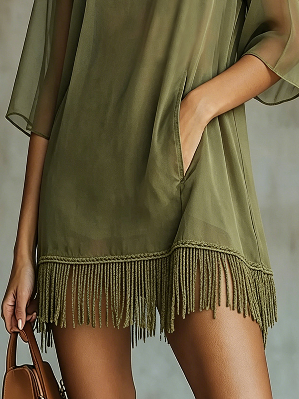 Olive Chiffon Mini Dress With Fringe Hem And Half Sleeves