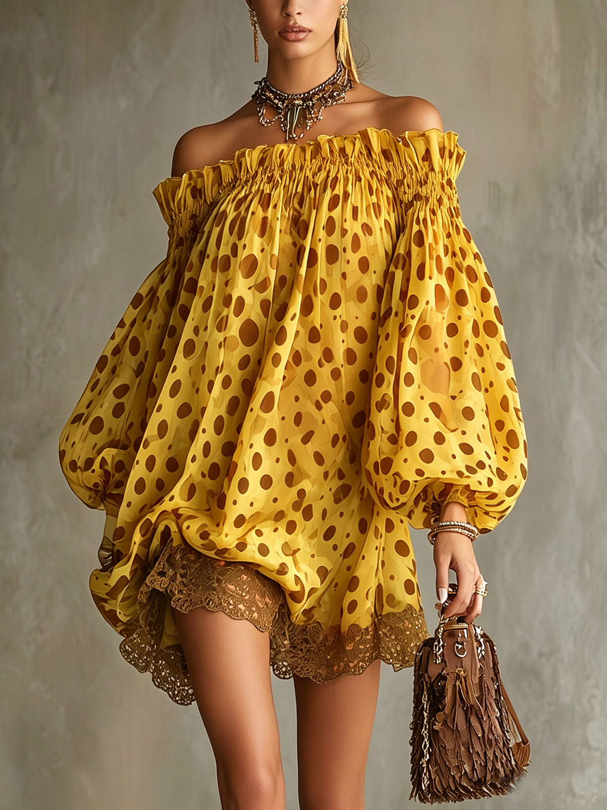 Olive Polka Dot Off-Shoulder Sheer Balloon-Sleeve Lace Hem Mini Dress