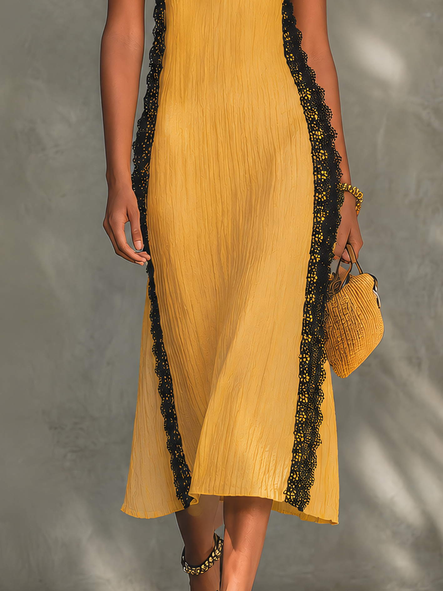 Yellow Textured Sleeveless Midi Dress With Black Lace Trim