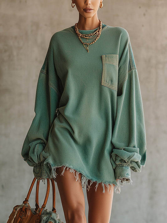 24-Hour-Shipping Green Denim Oversized Pocket Frayed Hem Mini Dress
