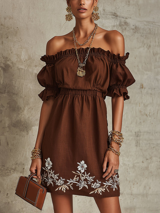 Off-Shoulder Brown Embroidered Mini Dress With Puff Sleeves