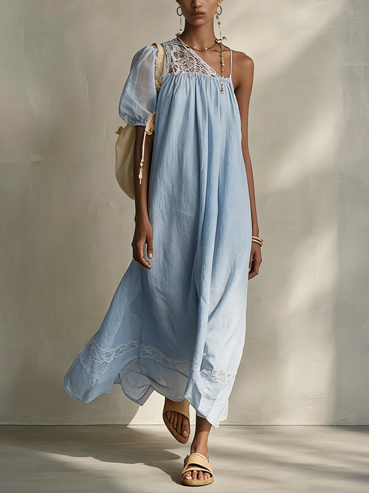 Blue Asymmetrical Linen And Lace Maxi Dress