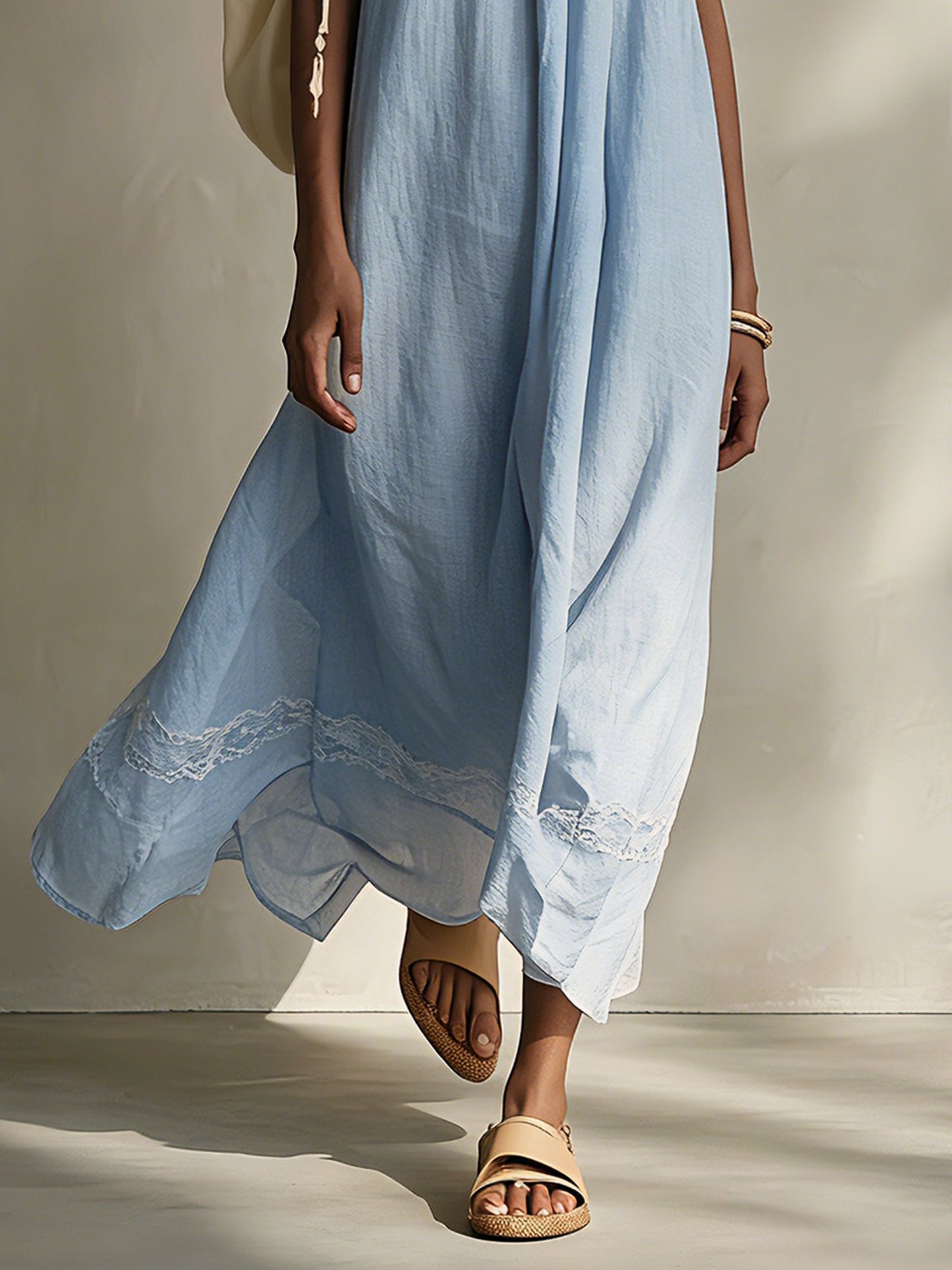 Blue Asymmetrical Linen And Lace Maxi Dress