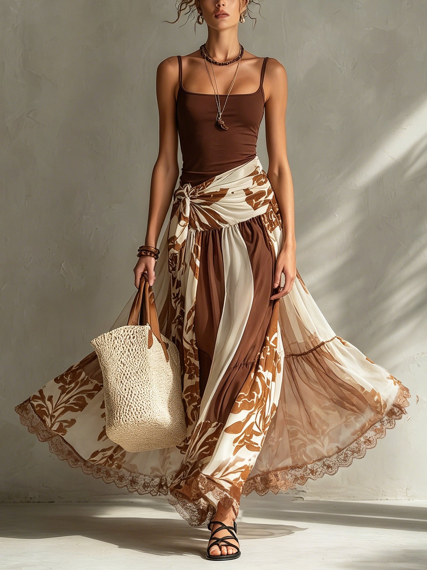 Brown Elastic Top And Chiffon Print Skirt Set