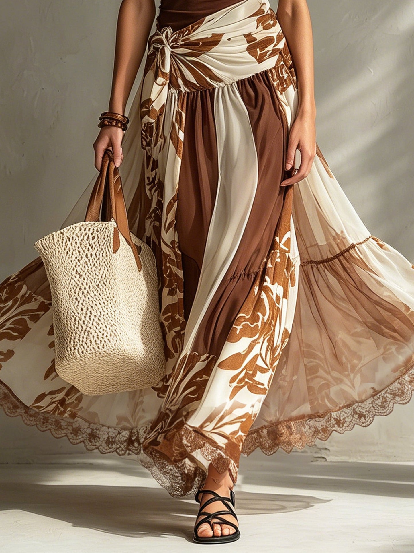 Brown Elastic Top And Chiffon Print Skirt Set