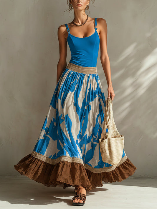 Blue Elastic Top And Printed Skirt Set