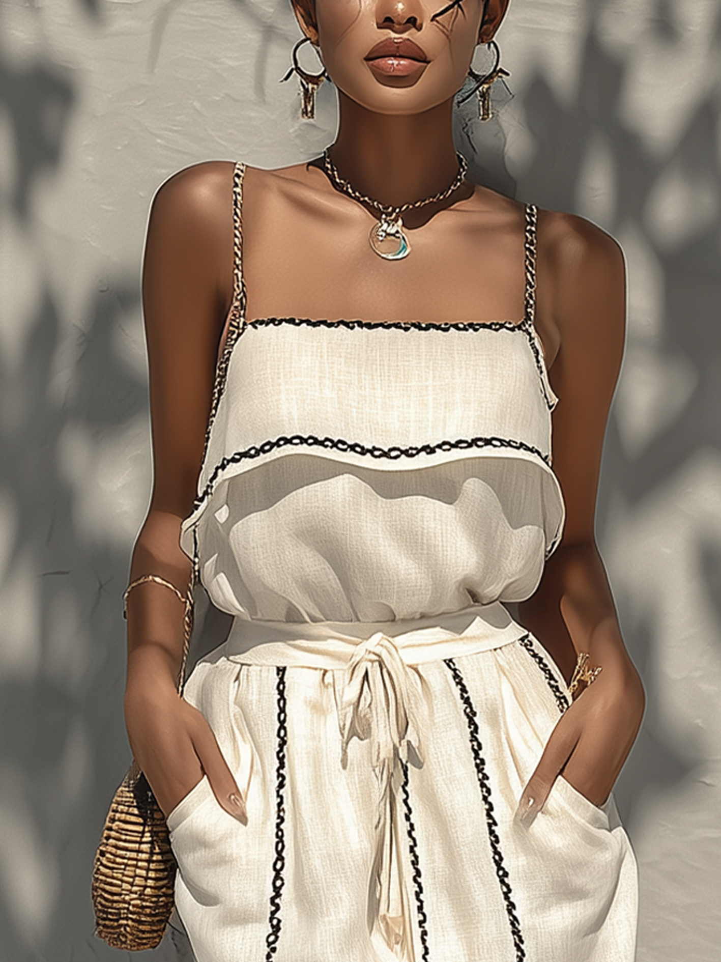 White Cotton Linen Two-Piece Set With Black Trim