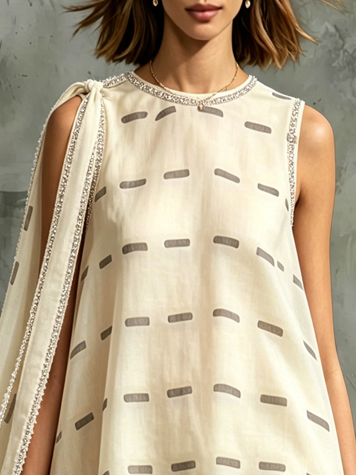 Ivory Sleeveless A-Line Mini Dress With Lace Hem