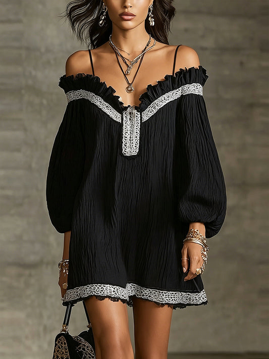 Black Off-Shoulder Mini Dress With Lace Trim And Puff Sleeves