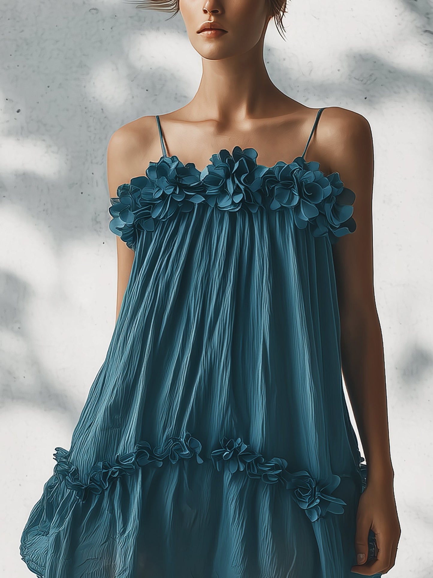 Blue Pleated Chiffon 3D Floral Mini Dress