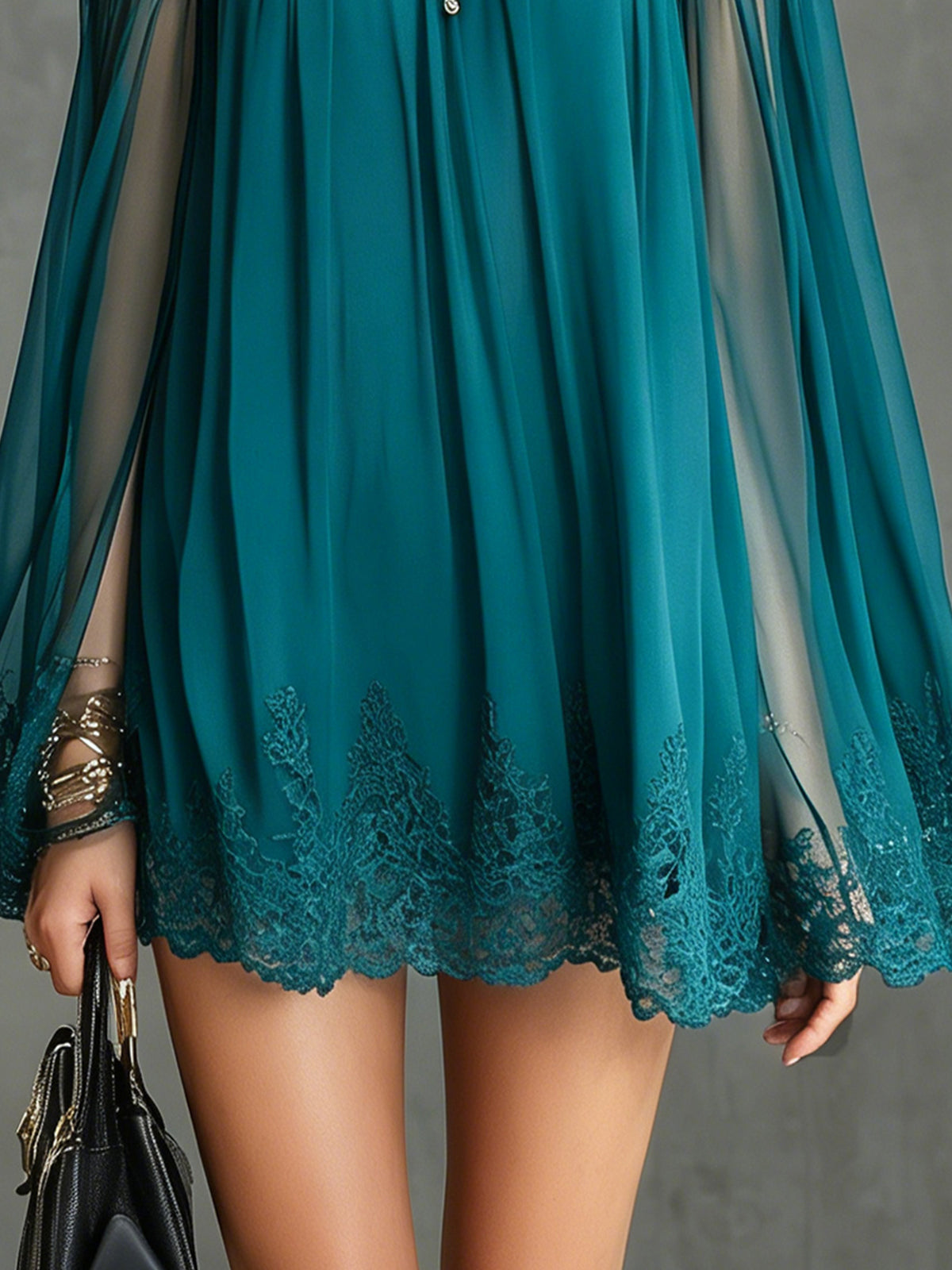 Sheer Lace Blue Chiffon Mini Dress With Flowy Bell Sleeves