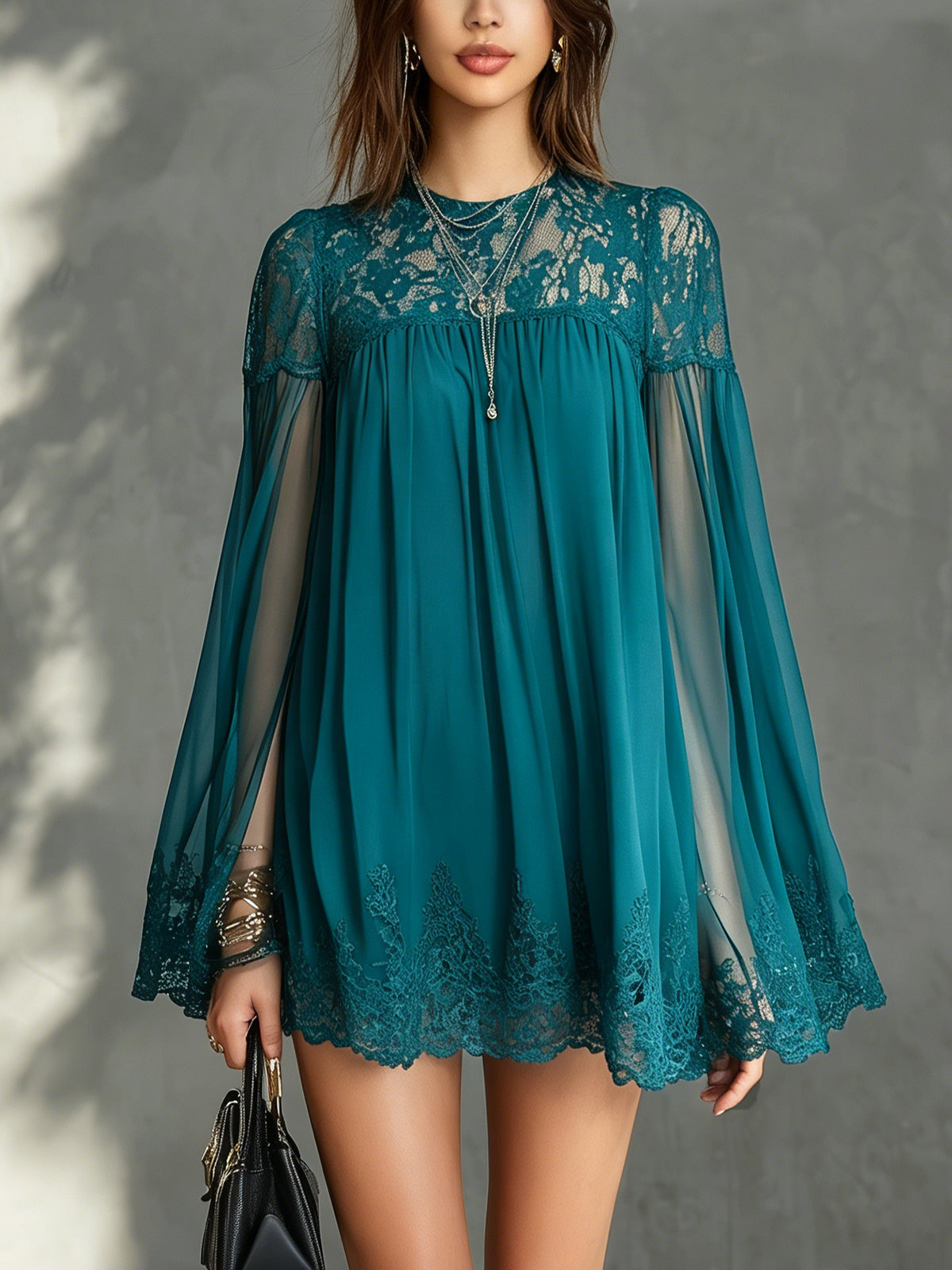 Sheer Lace Blue Chiffon Mini Dress With Flowy Bell Sleeves