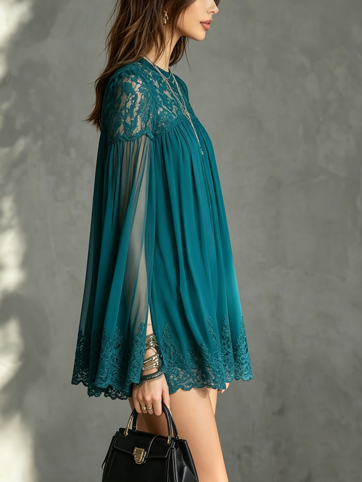 Sheer Lace Blue Chiffon Mini Dress With Flowy Bell Sleeves