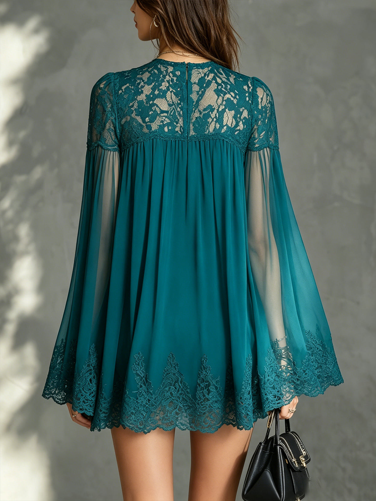 Sheer Lace Blue Chiffon Mini Dress With Flowy Bell Sleeves