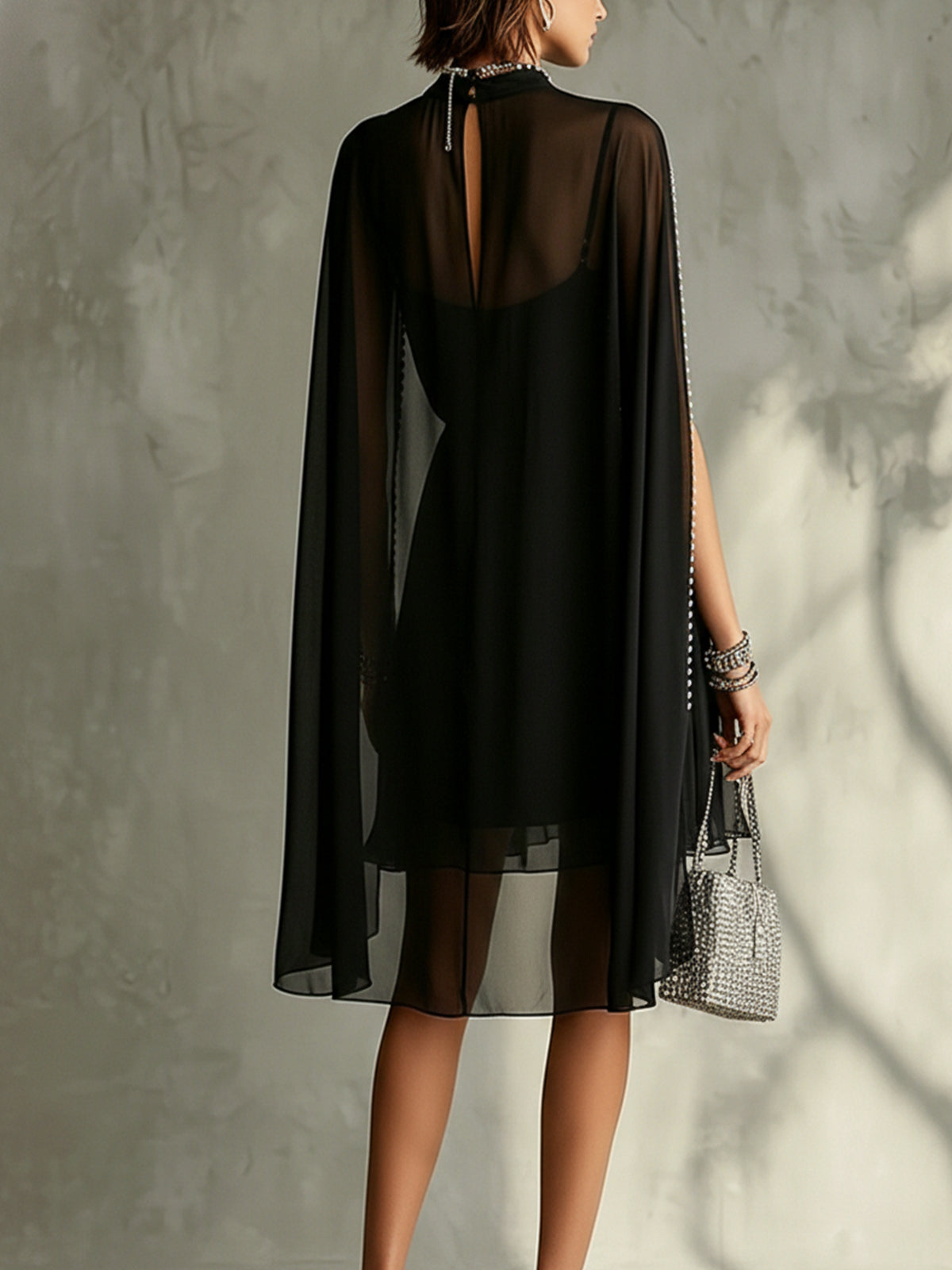 Black Chiffon Mini Dress With Pearl-Trimmed Cape Sleeves