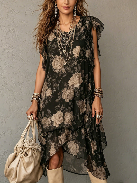 Floral Print Ruffle Sleeve Asymmetric Hem Chiffon Midi Dress