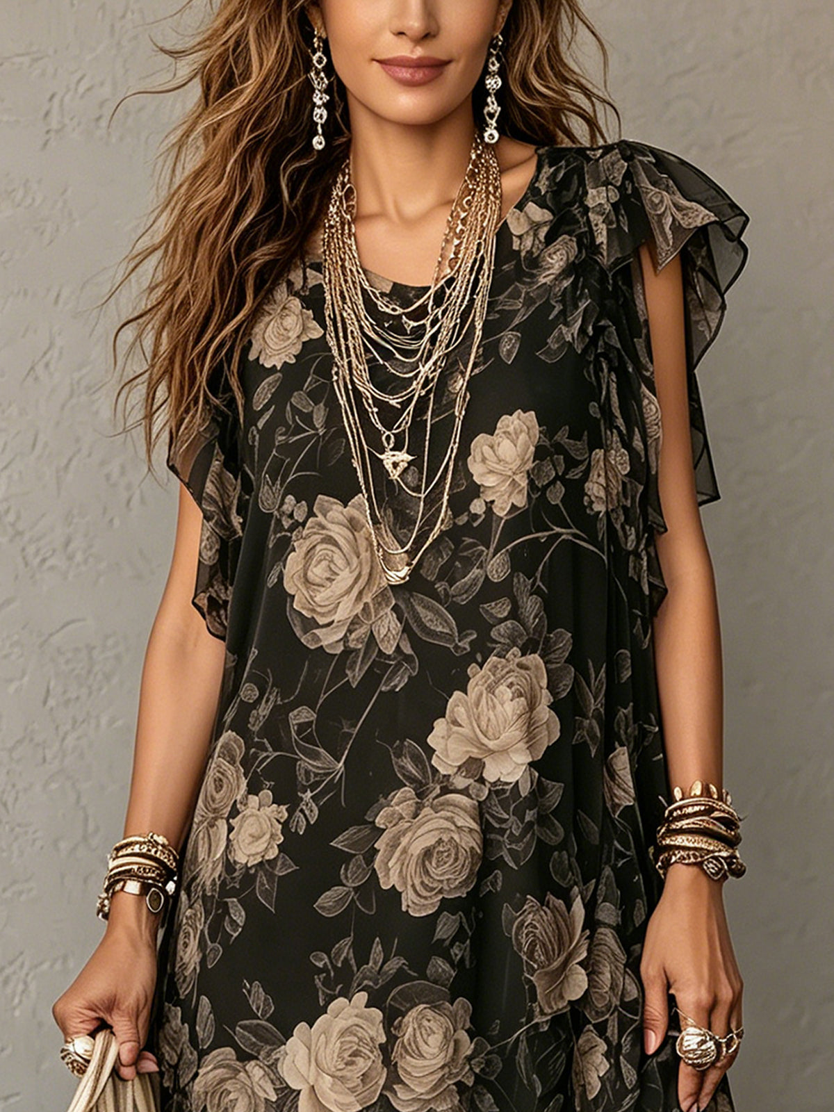 Floral Print Ruffle Sleeve Asymmetric Hem Chiffon Midi Dress