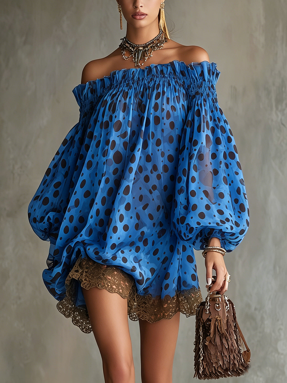 Olive Polka Dot Off-Shoulder Sheer Balloon-Sleeve Lace Hem Mini Dress
