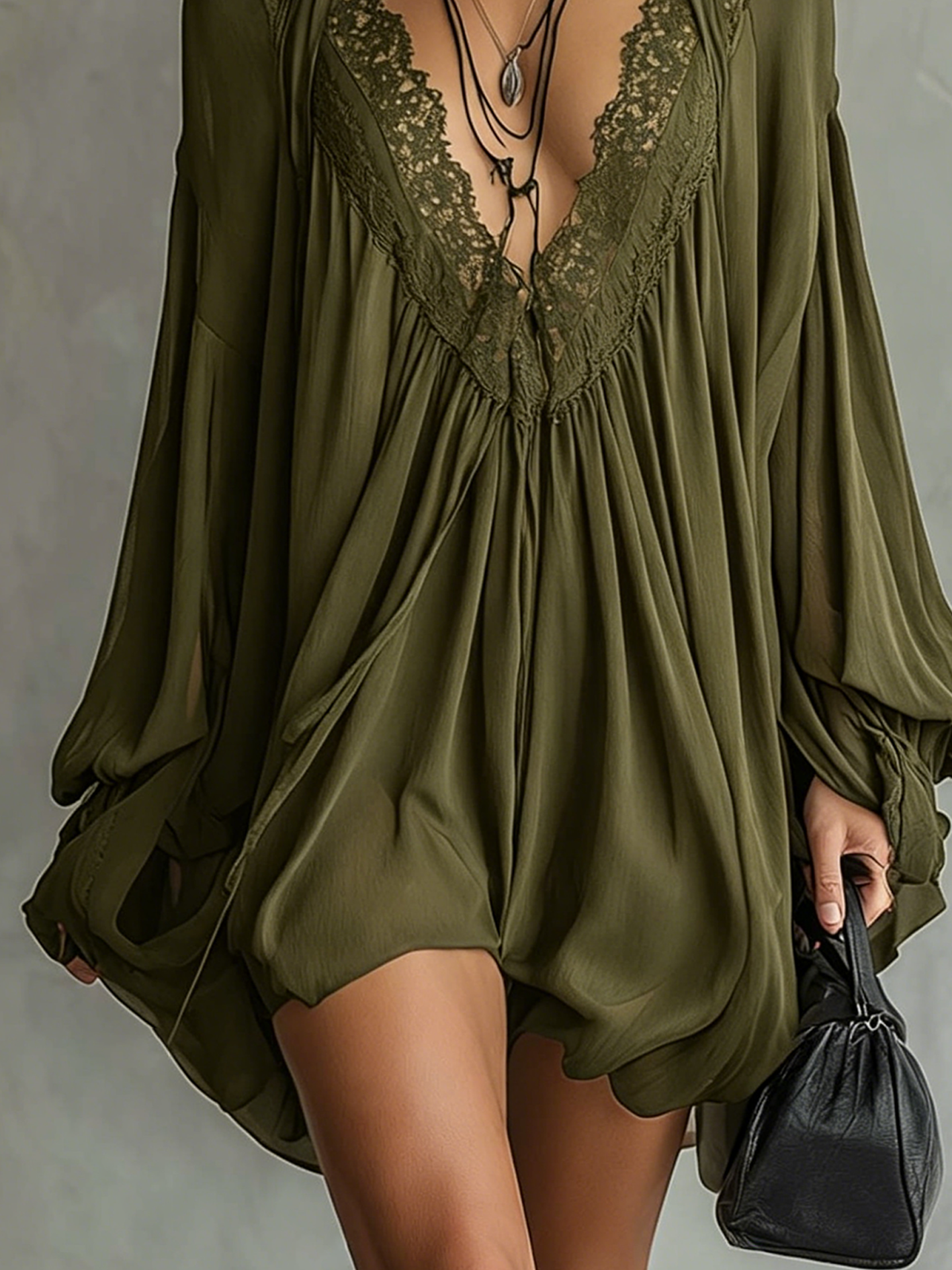 Black Chiffon Halter Mini Dress With Lace Neckline