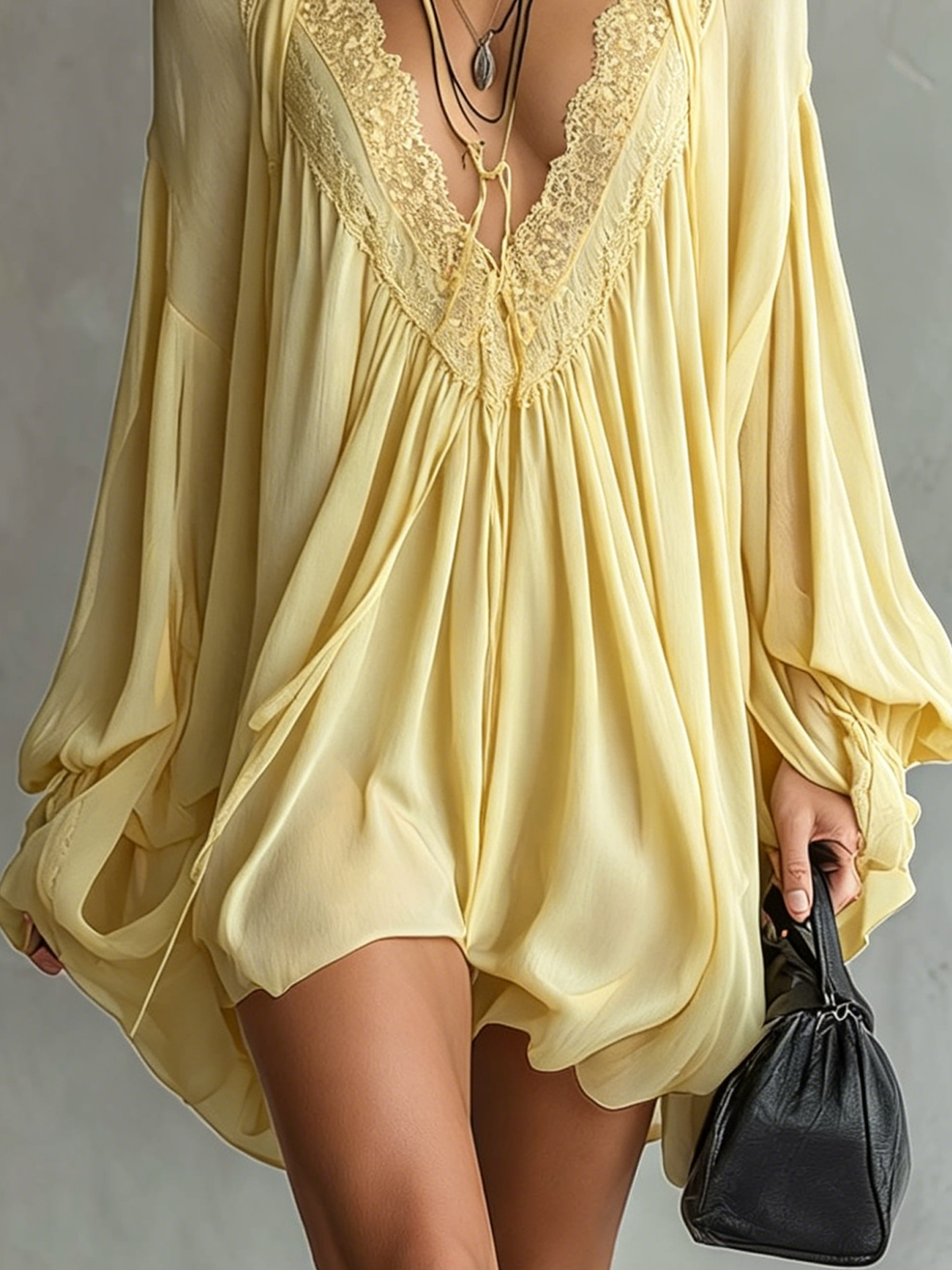 Black Chiffon Halter Mini Dress With Lace Neckline