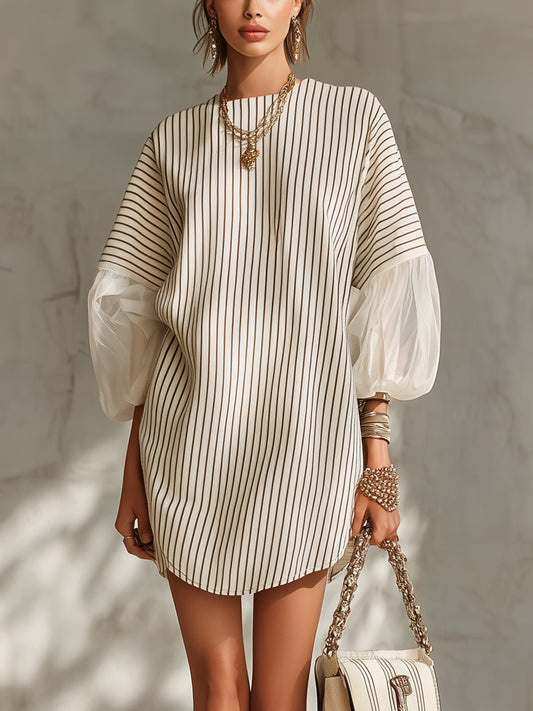 Striped Mini Dress With Sheer Balloon Sleeves