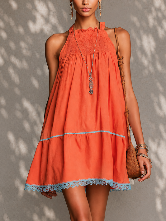 Orange Patchwork Lace Trim Sleeveless Cotton Linen Mini Dress