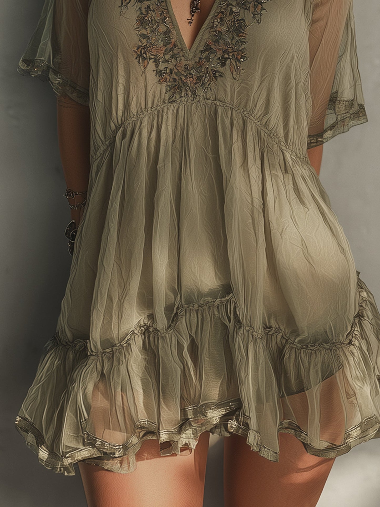Green  Ruched Chiffon Embroidery Mini Dress