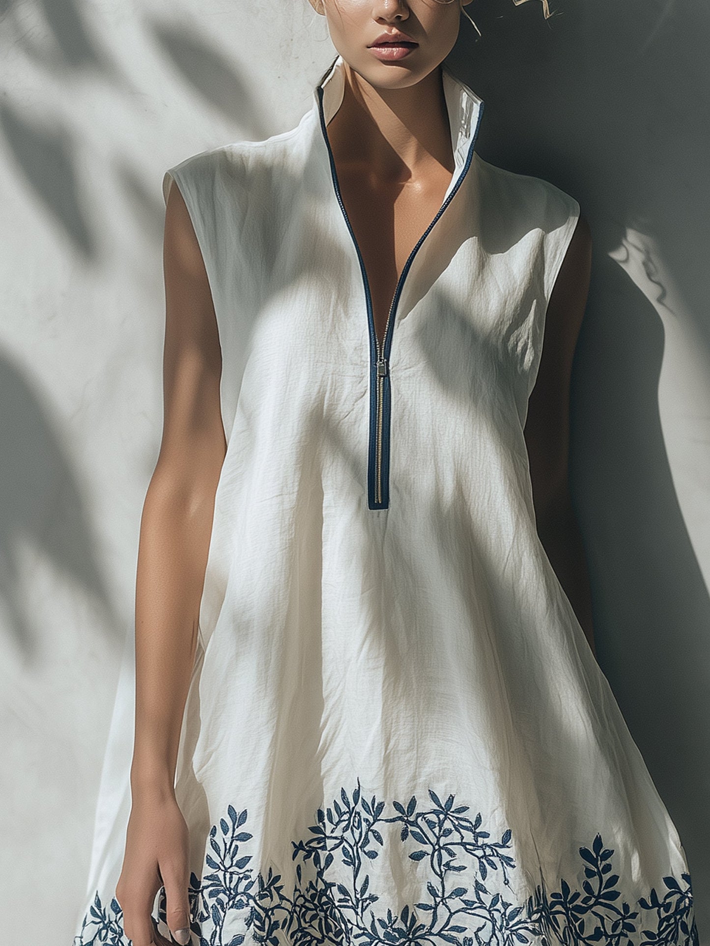 Ivory Linen Sleeveless Embroidered Zip Mini Dress