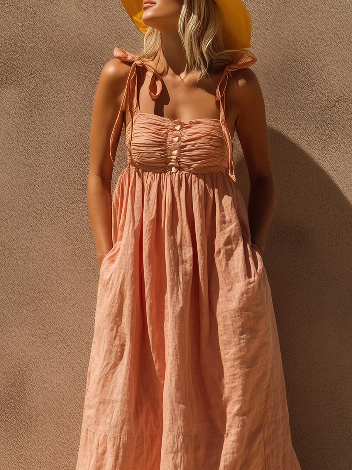 Pink Linen Maxi Dress With Ruched Bust And Bow Tie Straps