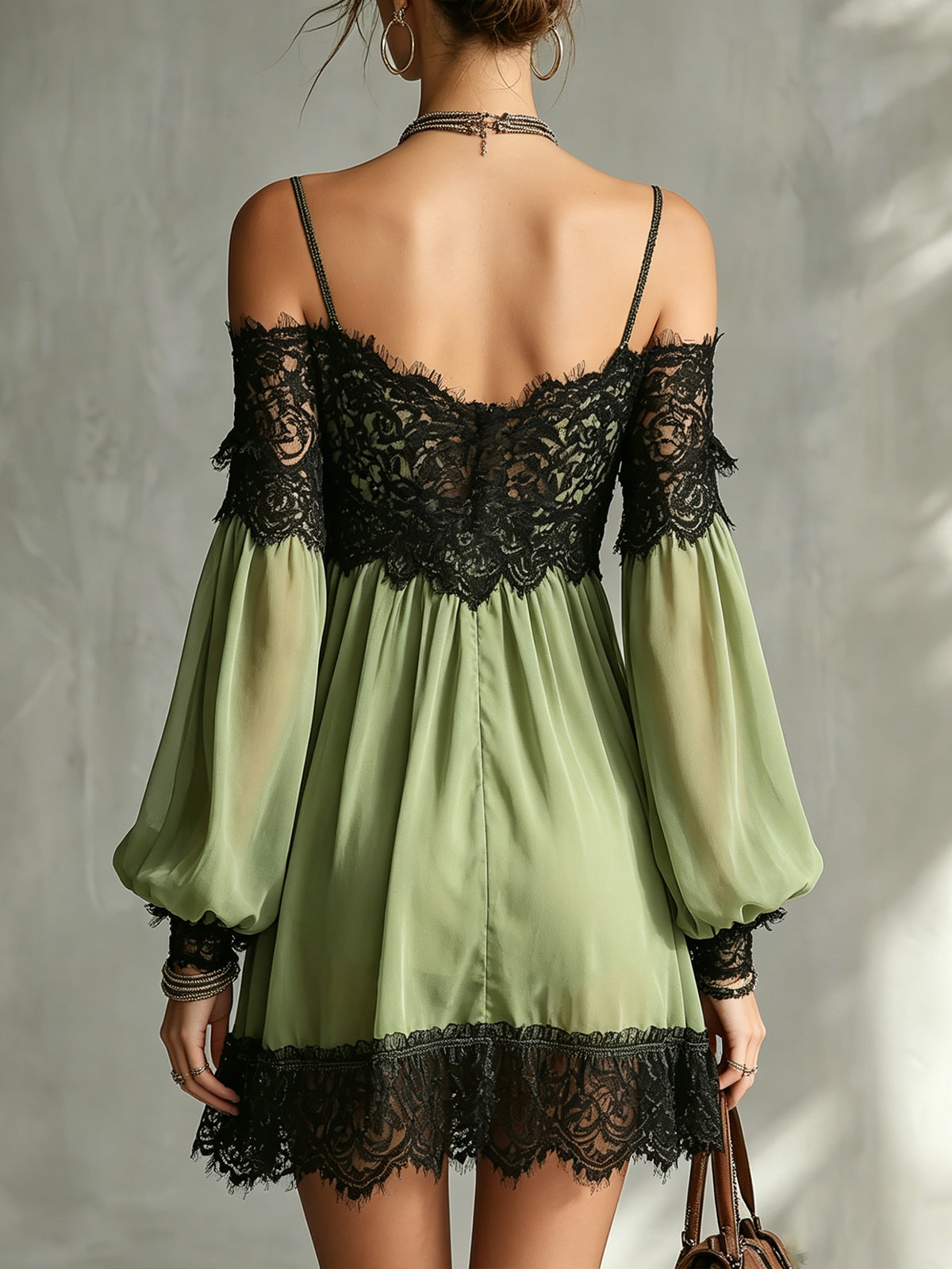 Green Off-Shoulder Chiffon Mini Dress With Black Lace Trim