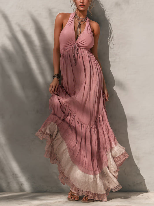Pink Sleeveless Cotton And Linen Maxi Dress With Tie Neck