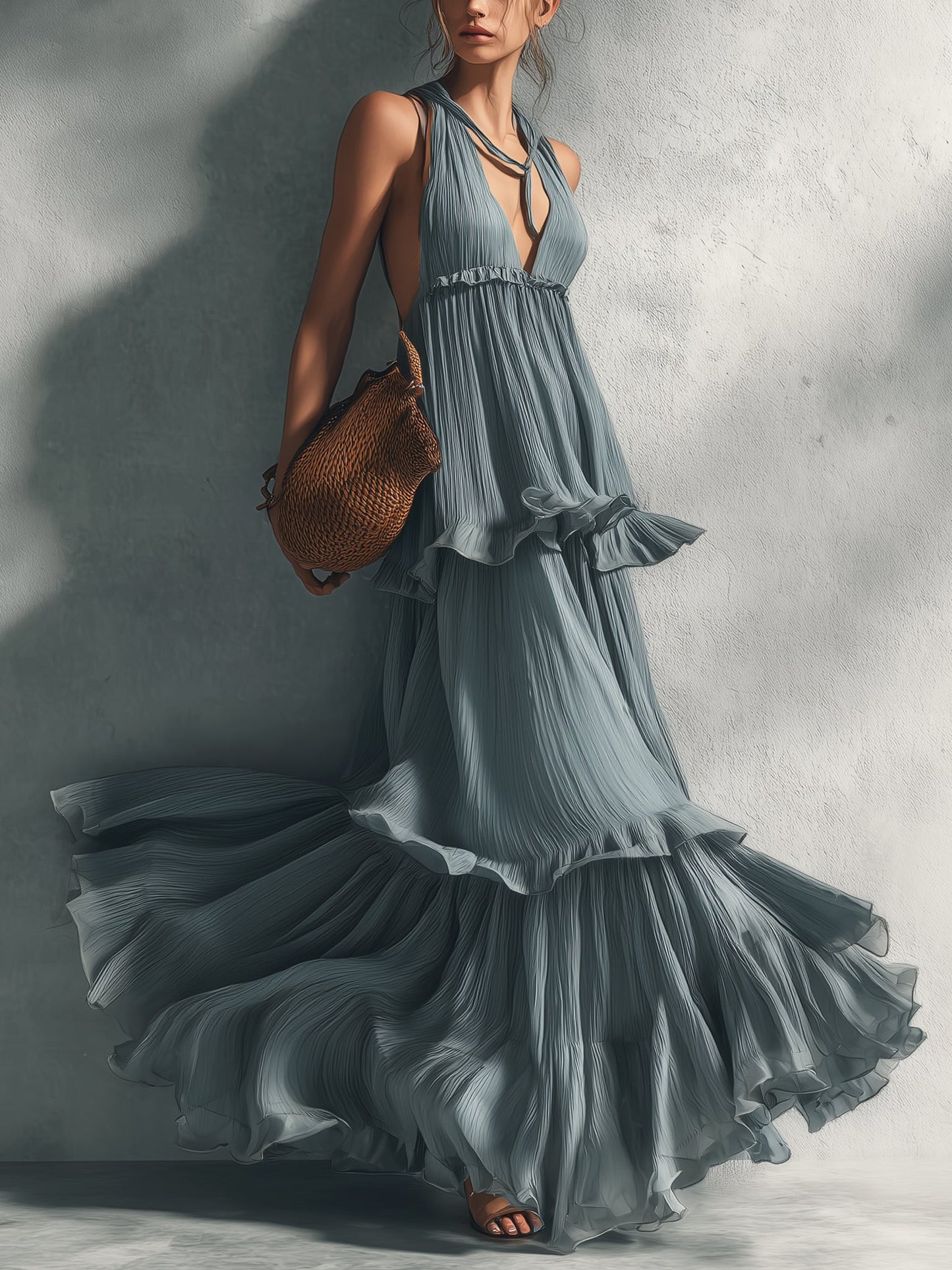 Blue  Sleeveless Pleated Chiffon Maxi Dress