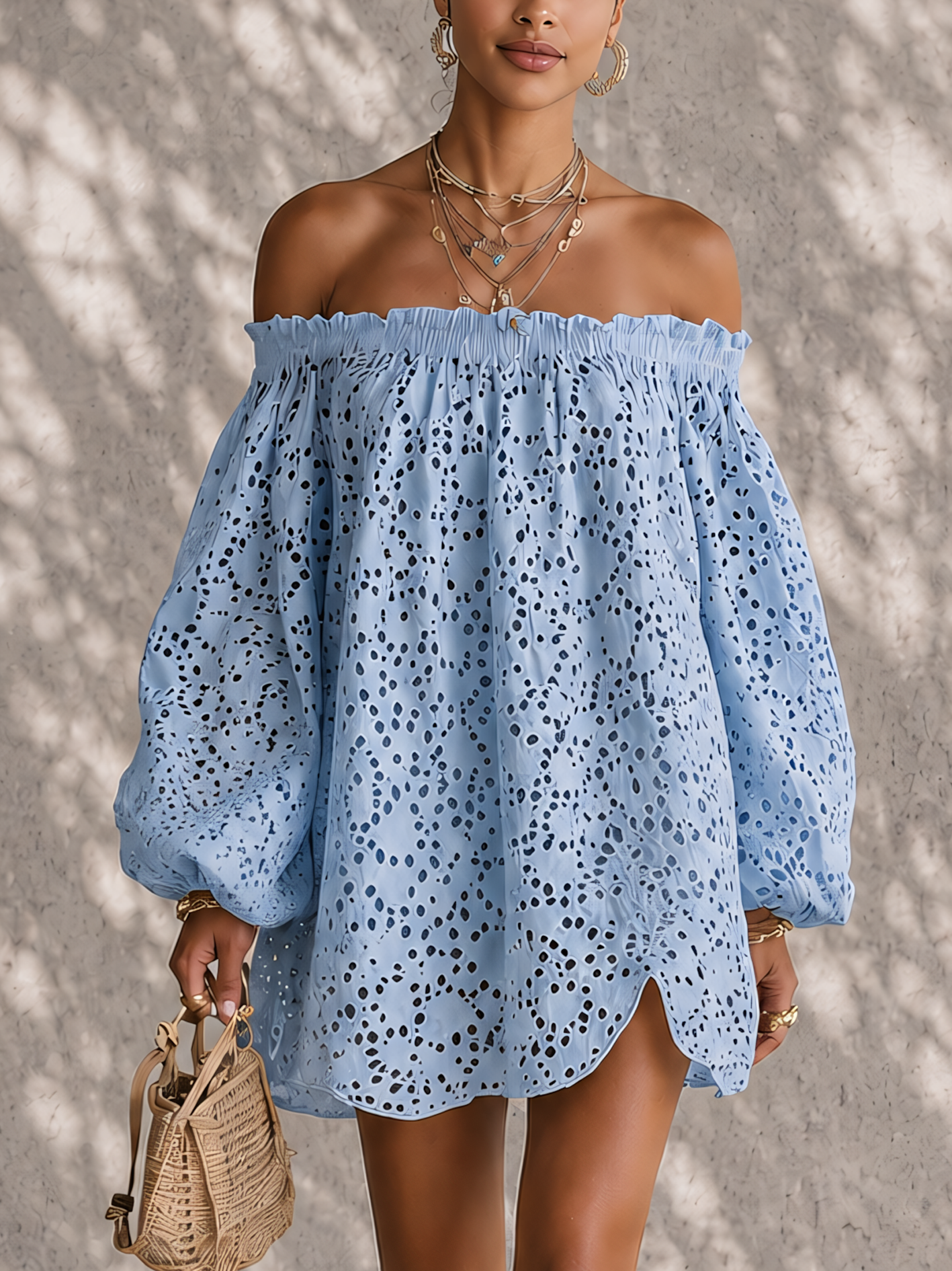 Sky Blue Hollow Out Off Shoulder Mini Dress