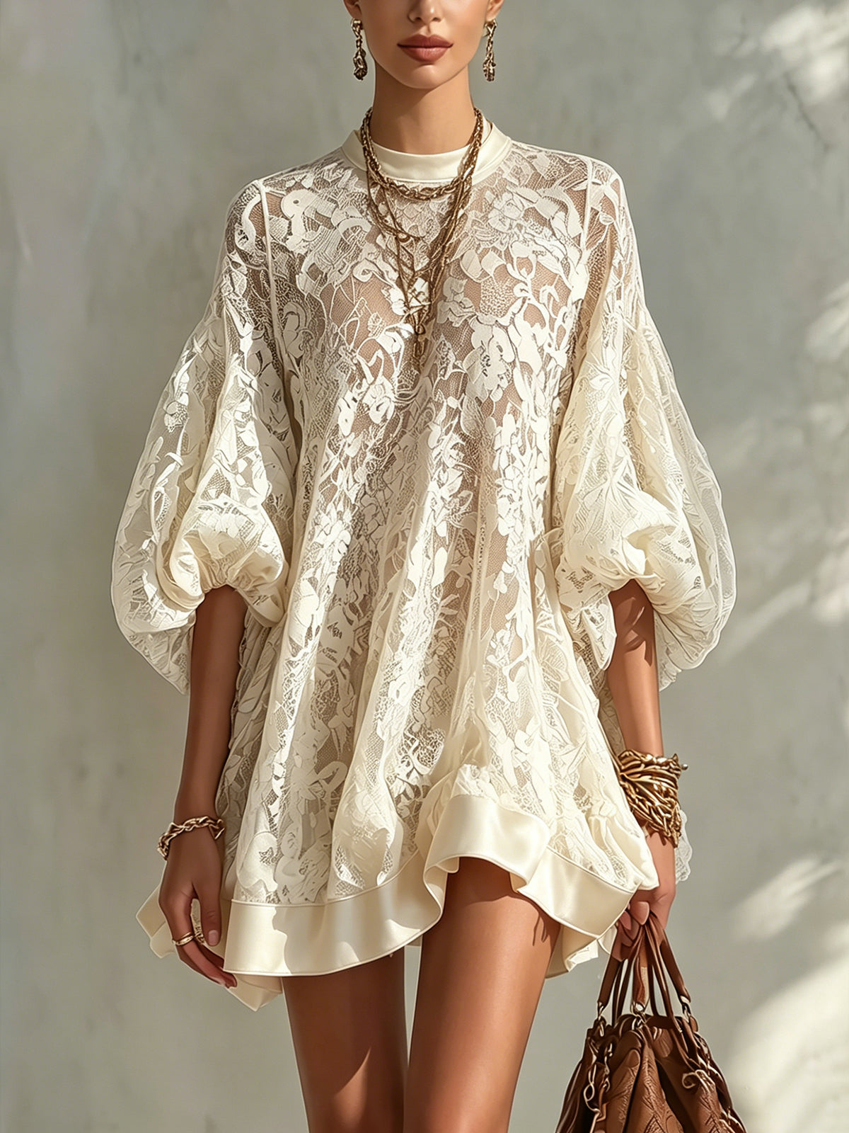 Ivory Lace Balloon Sleeve Mini Dress With Satin Trim