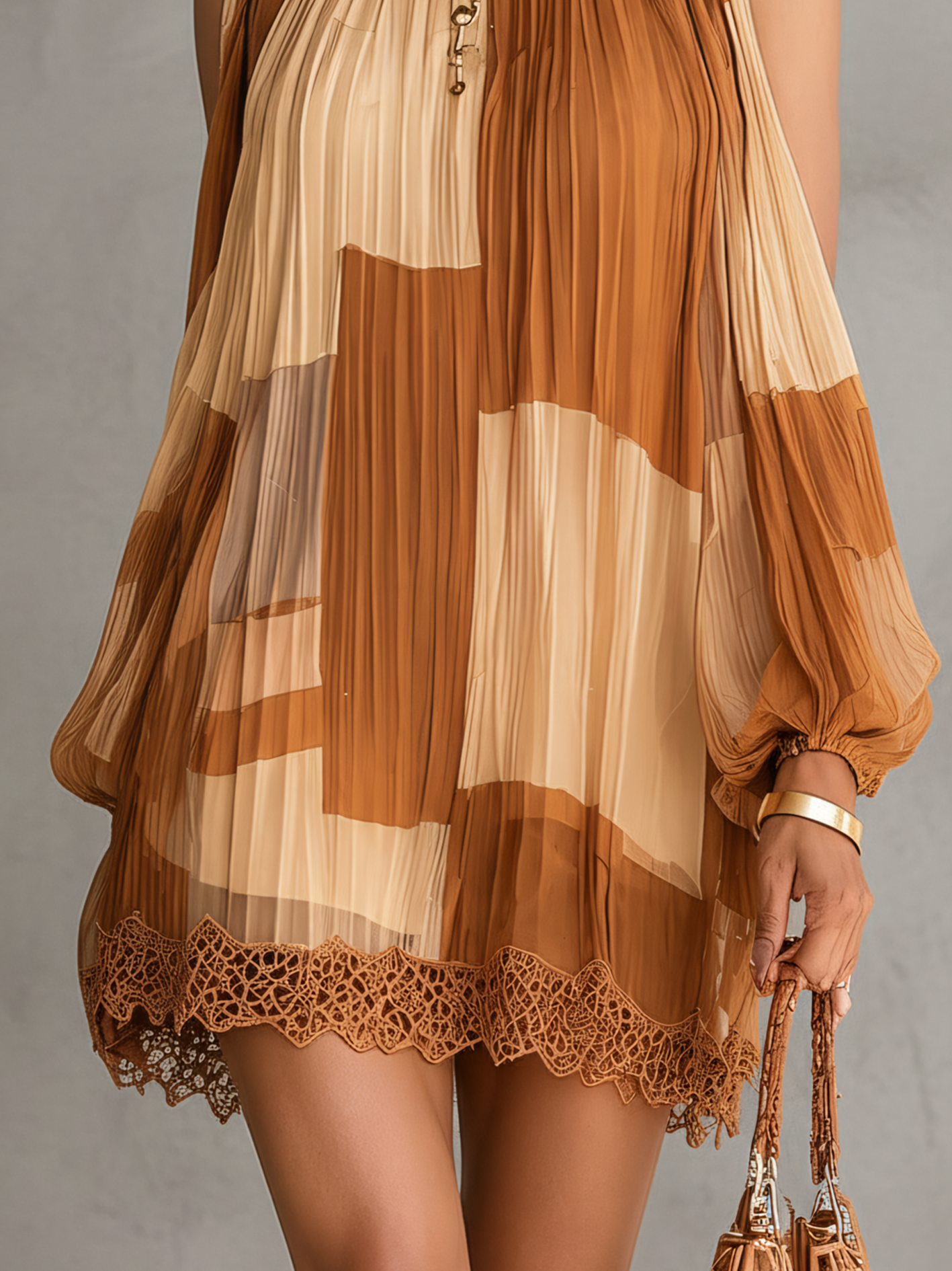 Brown Patchwork Pleated Chiffon Mini Dress With Lace Hem
