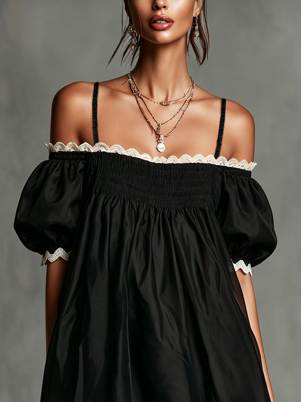 Black Off-Shoulder Puff Sleeve Mini Dress With Contrasting Trim