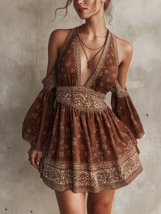 Brown Deep V-Neck Chiffon Printed Mini Dress