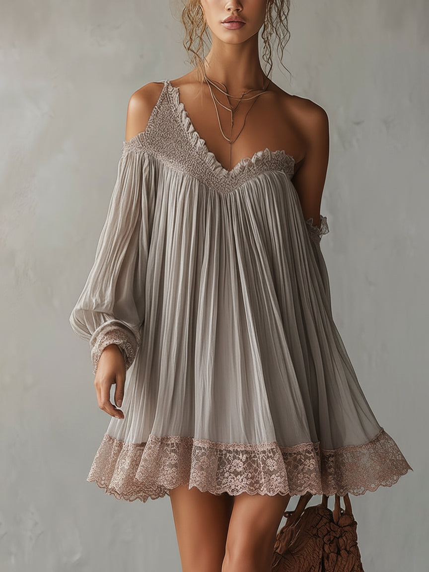 Gray Asymmetric Ruched Chiffon Mini Dress