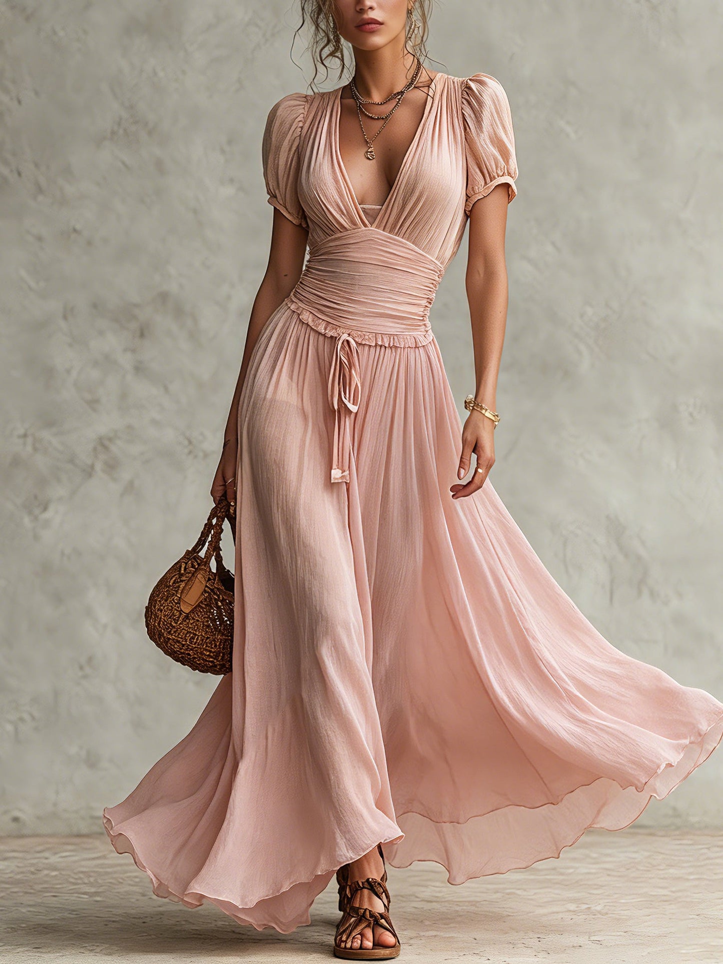 Pink Chiffon Short Sleeve Maxi Dress