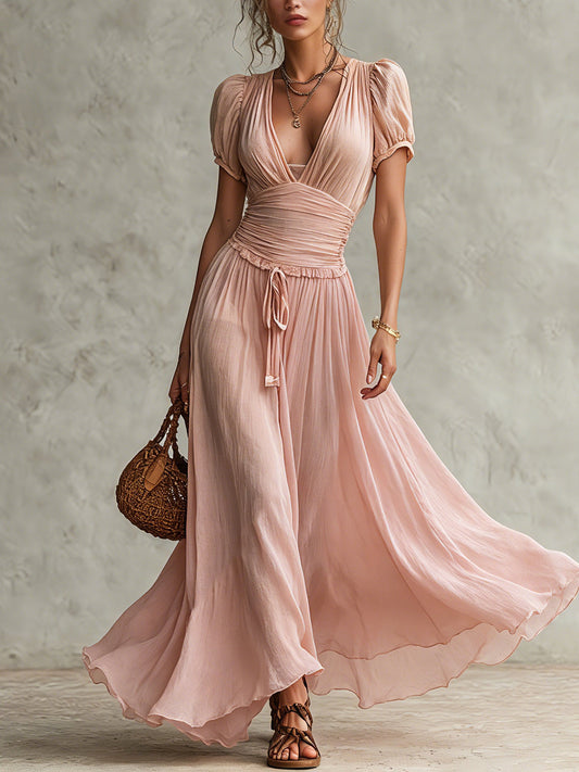 Pink Chiffon Short Sleeve Maxi Dress