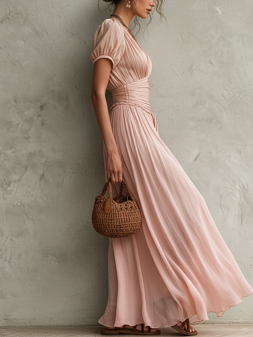 Pink Chiffon Short Sleeve Maxi Dress