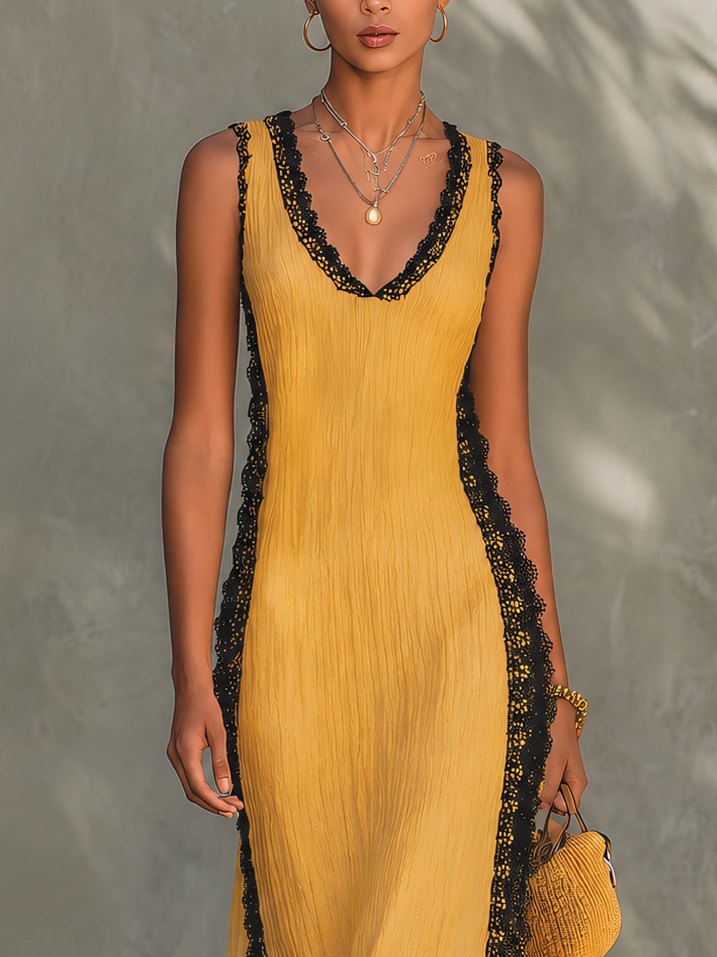 Yellow Textured Sleeveless Midi Dress With Black Lace Trim