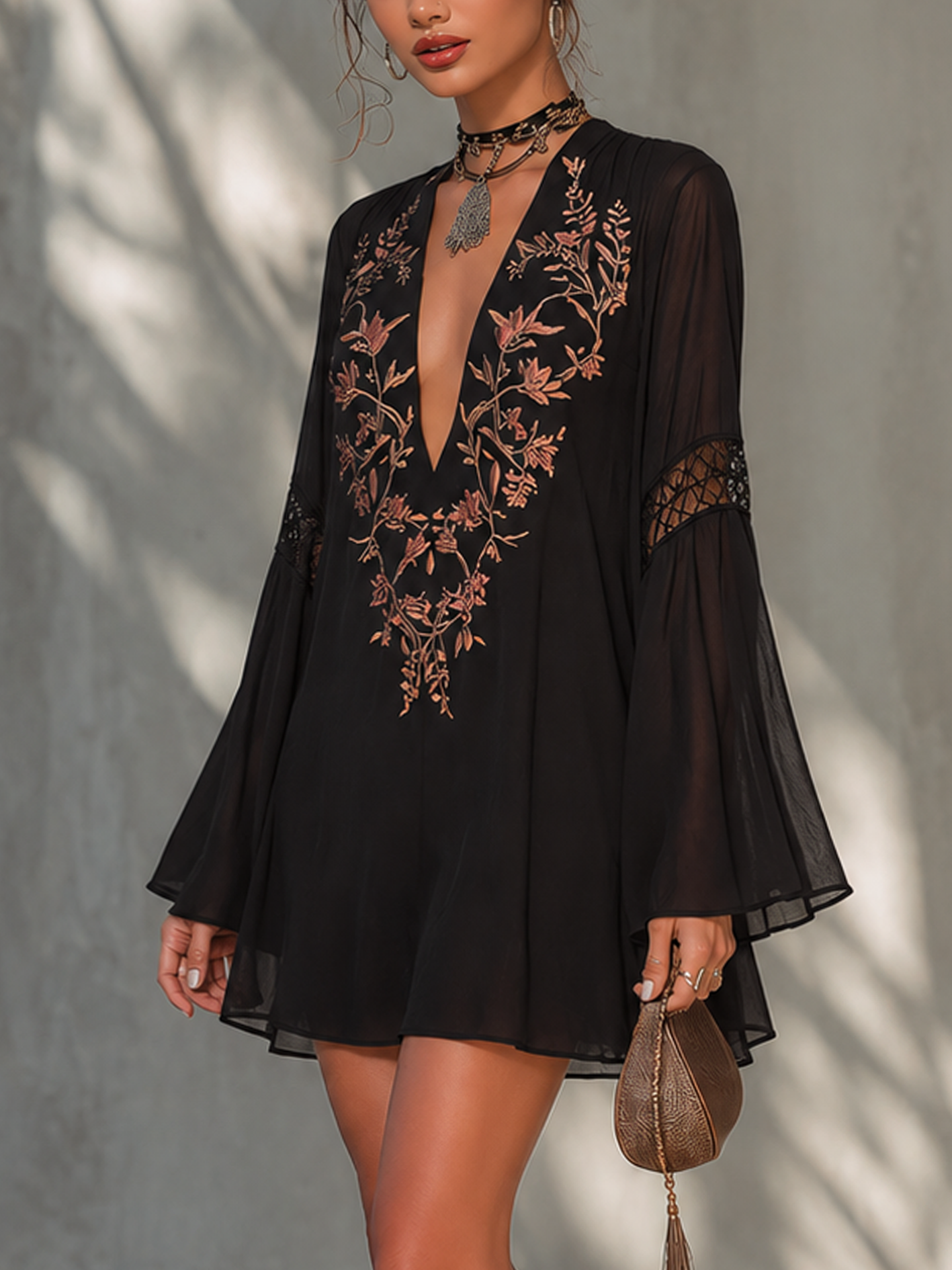 Black Vintage Embroidered Lace Chiffon Mini Dress