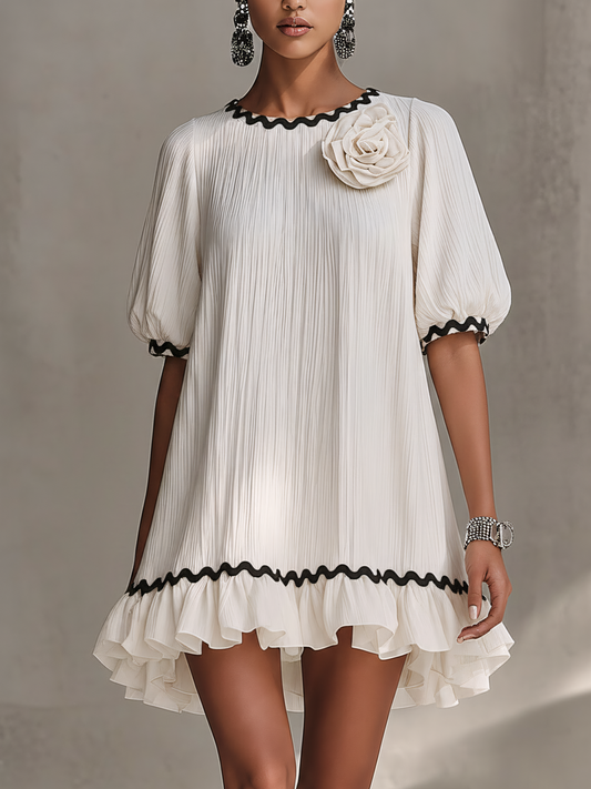 White Textured Mini Dress With Ribbon Trim And 3D Floral Detail