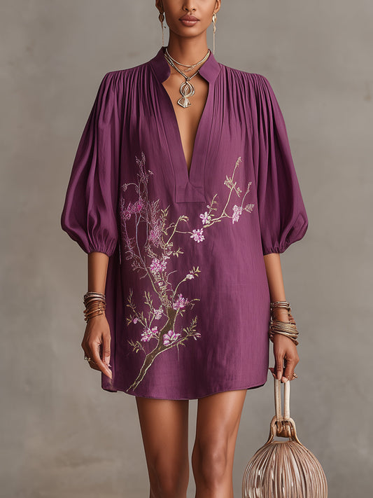 Purple Deep V-Neck Mini Dress With Floral Embroidery And Balloon Sleeves