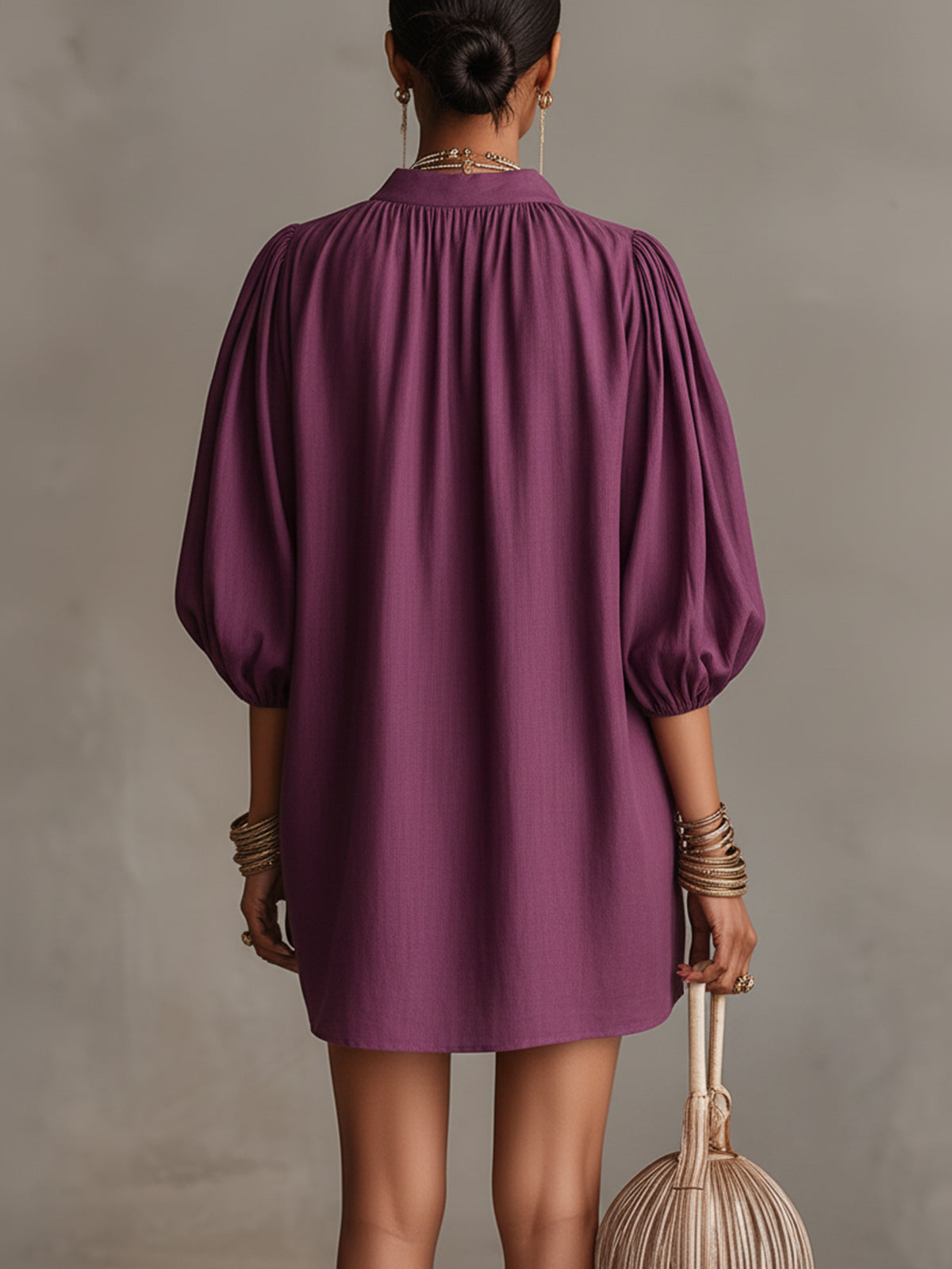 Purple Deep V-Neck Mini Dress With Floral Embroidery And Balloon Sleeves