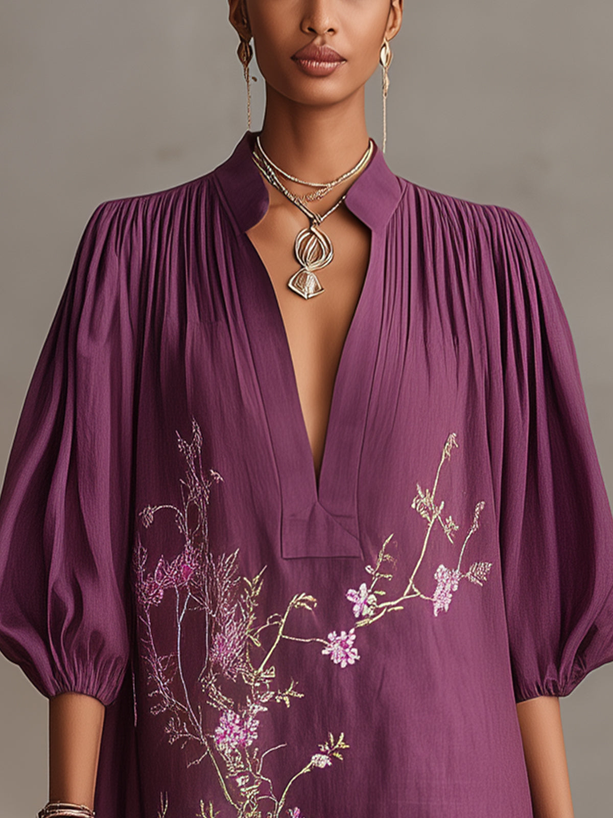 Purple Deep V-Neck Mini Dress With Floral Embroidery And Balloon Sleeves