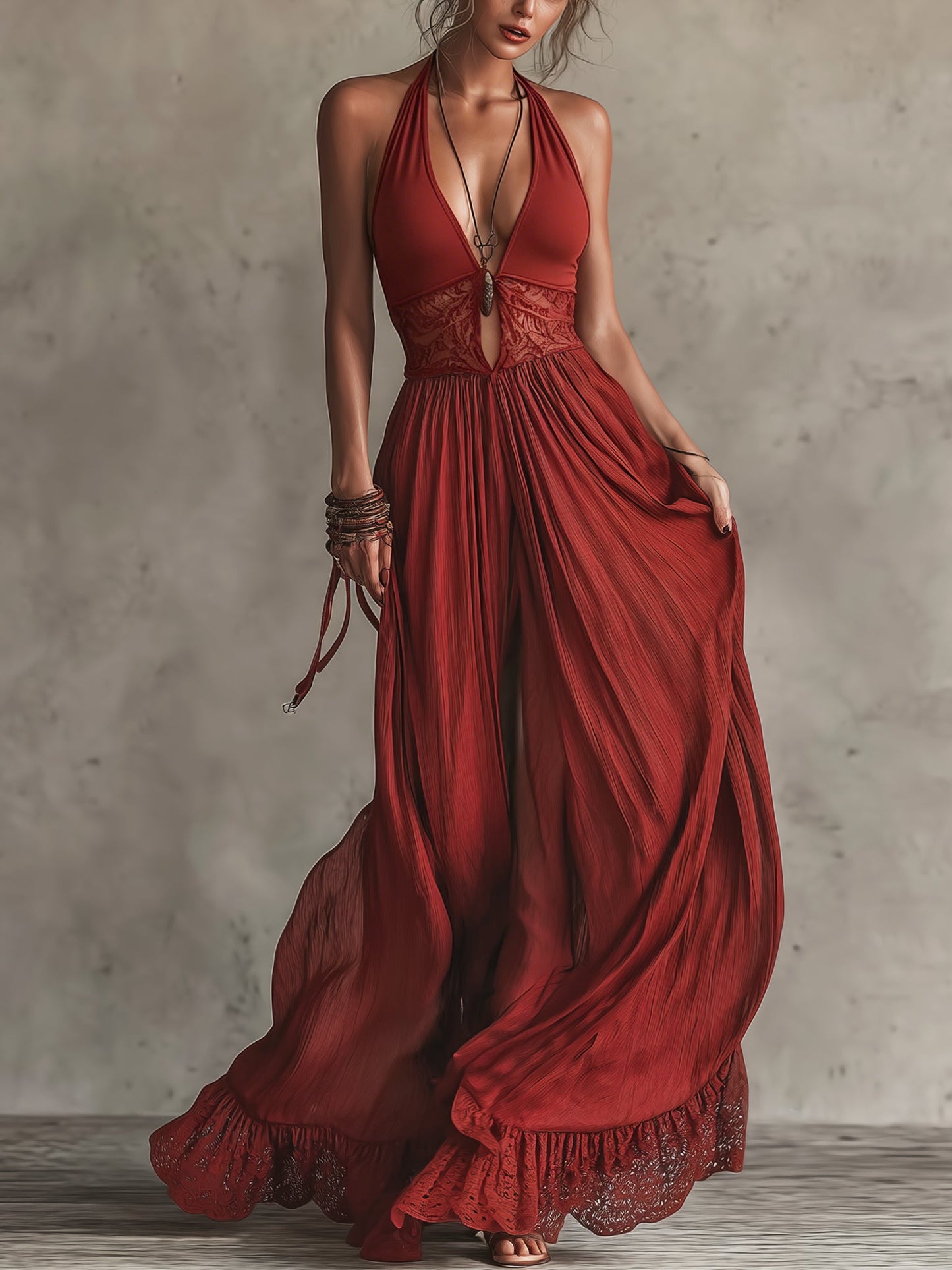 Retro Red Chiffon And Lace Sleeveless Maxi Dress